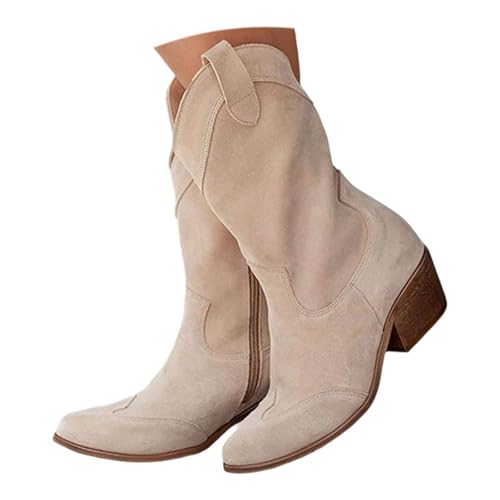 Kurze Cowboy Stiefel für Frauen,Trachten Elegant Wildleder Halbstiefel Spitz Schlupfschuhe Mittelalter Stiefel Slouchy Ruched Leder Solid Color Komfortable Casual Atmungsaktive Westernstiefel von Generic