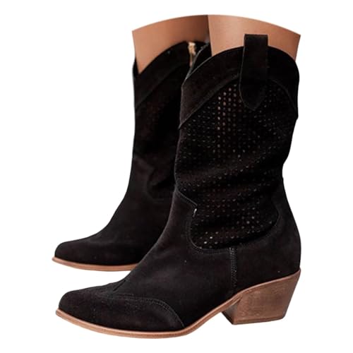 Kurze Cowboy Stiefel für Frauen,Trachten Elegant Wildleder Halbstiefel Spitz Schlupfschuhe Mittelalter Stiefel Slouchy Ruched Leder Solid Color Komfortable Casual Atmungsaktive Westernstiefel von Generic