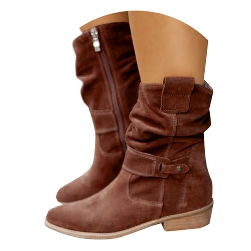 Kurze Cowboy Stiefel für Frauen,Trachten Elegant Wildleder Halbstiefel Spitz Schlupfschuhe Mittelalter Stiefel Slouchy Ruched Leder Solid Color Komfortable Casual Atmungsaktive Westernstiefel von Generic