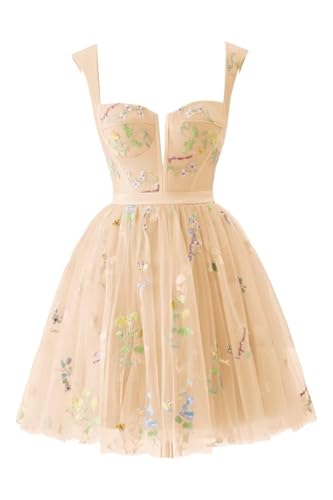 Kurze Heimkehrkleider FüR Damen,Blumenstickerei TüLl Ballkleid Mini-Blumenmuster RüCkenfrei A-Linie Formelles Partykleid Champagne M von Generic