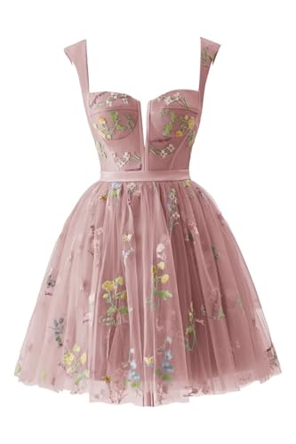 Kurze Heimkehrkleider FüR Damen,Blumenstickerei TüLl Ballkleid Mini-Blumenmuster RüCkenfrei A-Linie Formelles Partykleid Dusty Rose XS von Generic