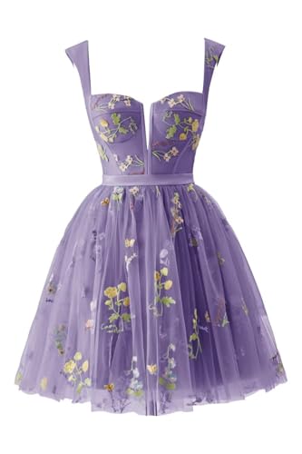 Kurze Heimkehrkleider FüR Damen,Blumenstickerei TüLl Ballkleid Mini-Blumenmuster RüCkenfrei A-Linie Formelles Partykleid Lavender S von Generic
