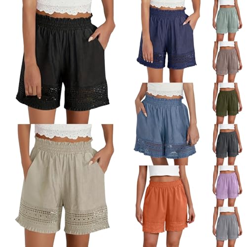 Kurze Hose Damen mit Spitzenrand, Sommer Musselin Shorts Leinenhose Retro Spitze High Waist Shorts Knielang Bermuda Kurze Hosen Sport Lässige Sweatshorts Mädchen von Generic