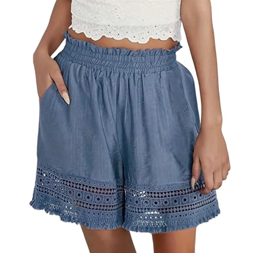 Kurze Hose Damen mit Spitzenrand, Sommer Musselin Shorts Leinenhose Retro Spitze High Waist Shorts Knielang Bermuda Kurze Hosen Sport Lässige Sweatshorts Mädchen von Generic