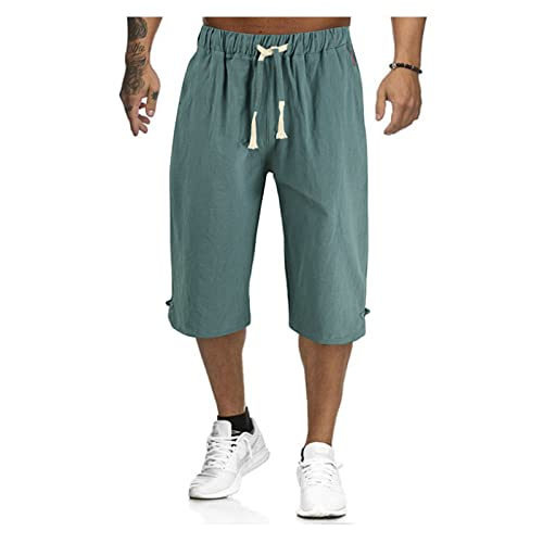 Kurze Hosen Herren 3/17 Leinen Shorts Baumwolle Capri Shorts Sommer Leinenhose Lässige Männer Strandhose Freizeithose Sommershorts mit Tunnelzug Joggingshort (Grün,5XL) von Generic