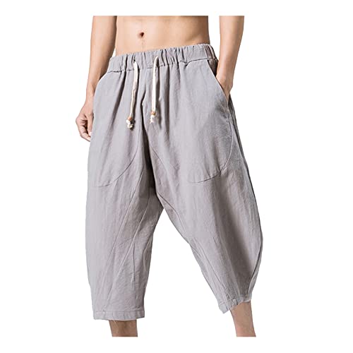 Kurze Hosen Herren Leinenhose 3/4 Hose Haremshose Sommerhose Große Größen,Einfarbig Leinen Freizeithose Stoffhose Bequem Loose Strandhosen Yoga Jogginghose (Grau,5XL) von Generic