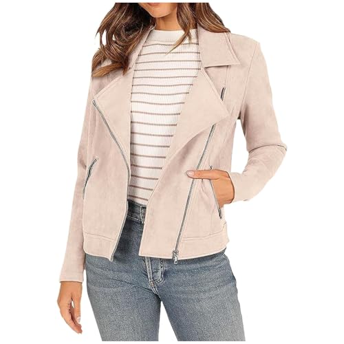 Kurze Jacke Damen Wildlederjacke Elegant Retro Langarm Kunstleder Motorradjacke Winter Revers Lederjacke mit Reißverschluss und Tasche Casual Windjacke Outdoor Mantel von Generic