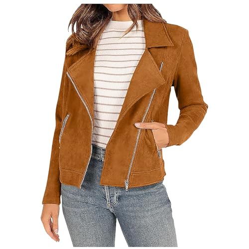 Kurze Jacke Damen Wildlederjacke Elegant Retro Langarm Kunstleder Motorradjacke Winter Revers Lederjacke mit Reißverschluss und Tasche Casual Windjacke Outdoor Mantel von Generic