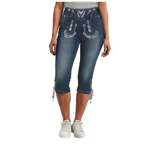 Kurze Jeans Damen Trachtenjeans im Lederhosen Look Kurze Hose Damen Kniebund Hose Oktoberfest andere Festlichkeiten Bequeme Passform Dank Stretch Einsatz Capri-Hose Trachten Jeans Stretch-Shorts von Generic
