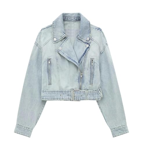 Kurze Jeansjacke im Motorrad-Workwear-Stil für Damen. Revers-Langarmjacke mit Gürtel – verwaschenes Blau – S Kurze Jeansjacke im Motorrad-Workwear-Stil für Damen. Revers-Langarmjacke mit Gürtel – verwaschenes Blau – S von Generic