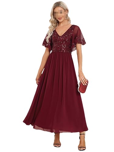 Kurze Rüschen Ärmel Abendkleider V-Ausschnitt Knielänge A Linie Kleid Mutter der Braut Kleid, burgunderfarben, 48 von Generic