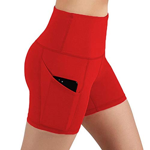 Kurze Sporthose Damen Yoga Shorts Sport Leggins Sporthose Kurze Yogahose Fitness Workout Tights Hohe Taille mit Taschen Jogginghose (01 Rot, S) von Generic