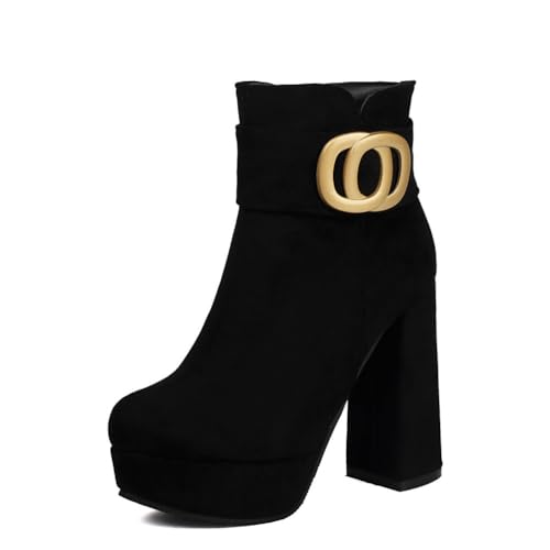 Kurze Stiefel Mit Blockabsatz Für Damen Wildlederimitat Plateaustiefeletten Mit Schnalle Geschlossene Runde Zehen Stiefeletten Mit Schnallendekoration,Schwarz,39 EU von Generic