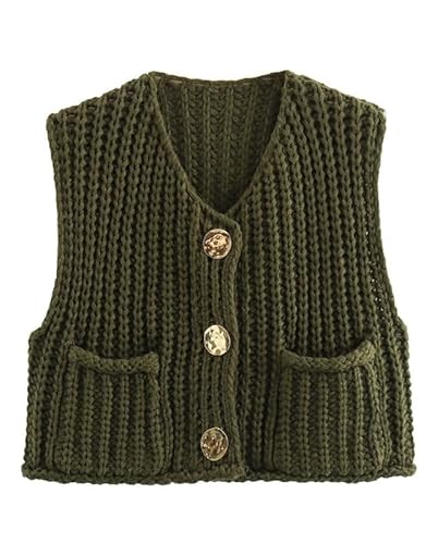 Kurze Strickweste für Damen, Häkelweste mit goldenen Knöpfen, ärmellose Kurze Strickjacke mit Knöpfen für Damen (Navy Green,S) von Generic
