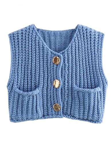 Kurze Strickweste für Damen, Häkelweste mit goldenen Knöpfen, ärmellose Kurze Strickjacke mit Knöpfen für Damen (Sea Blue,M) von Generic