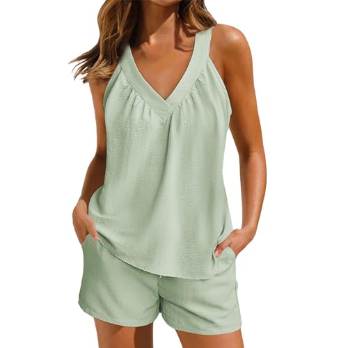 Kurzer Schlafanzug Damen Zweiteiler Elegant Einfarbige Hosenanzug 2 Teilig V-Ausschnitt Cami Top und Shorts Sommer Ärmellose Freizeitanzug Musselin Hosenanzüge Set Bequem Loungewear Set von Generic