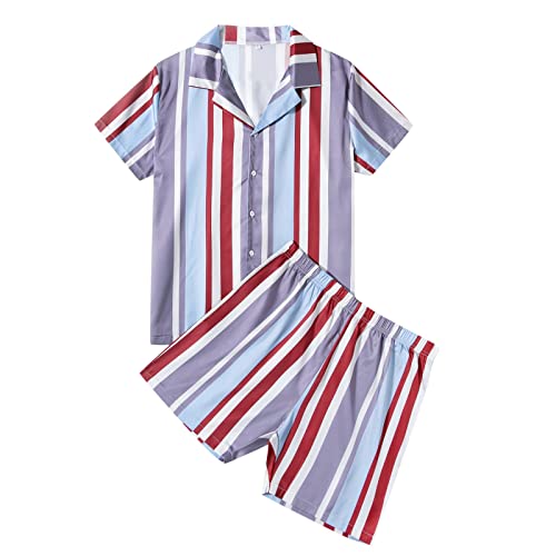 Kurzer Schlafanzug Herren | Pyjama Herren Seide Gestreift Satin Loungewear Kurzarm Pyjama Set Mit Shorts Pyjama-Sets Homewear Sommer Zweiteiliger Mit Knopfleiste Nachtwäsche Set Nachthemd von Generic