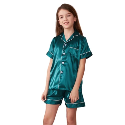 Kurzer Schlafanzug Tshirt Nachtwäsche für Mädchen 2025 Satin Seiden Sommer Zweiteiliger Set Mit Knöpfen Klassische Loungewear Lang Hose Schlafanzug Seide Pjs 2 Stück Pyjama (Green, 11-12 Years) von Generic