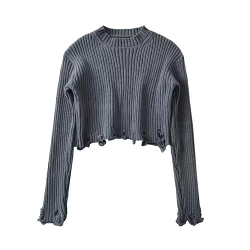 Kurzer Strickpullover mit unregelmäßigen Löchern für Damen, lockerer Rundhals-Schlankheitspullover-Pullover-Mittelgrau-S von Generic