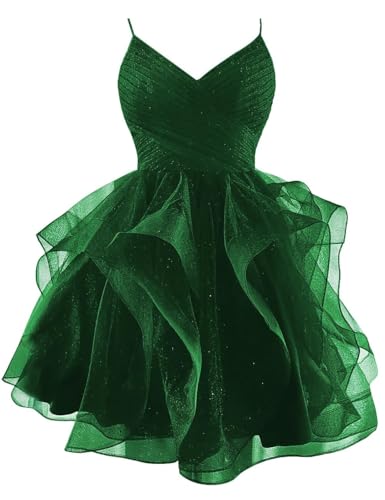 Kurzes Ballkleid Aus Glitzerndem TüLl SpaghettiträGer V-Ausschnitt Gestuftes Heimkehrkleid GerüSchtes Bauschiges Cocktailkleid FüR Teenager Emerald Green M von Generic