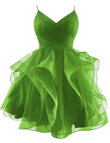 Kurzes Ballkleid Aus Glitzerndem TüLl SpaghettiträGer V-Ausschnitt Gestuftes Heimkehrkleid GerüSchtes Bauschiges Cocktailkleid FüR Teenager Olive M von Generic