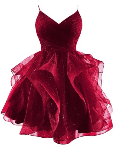 Kurzes Ballkleid Aus Glitzerndem TüLl SpaghettiträGer V-Ausschnitt Gestuftes Heimkehrkleid GerüSchtes Bauschiges Cocktailkleid FüR Teenager Wine Red L von Generic