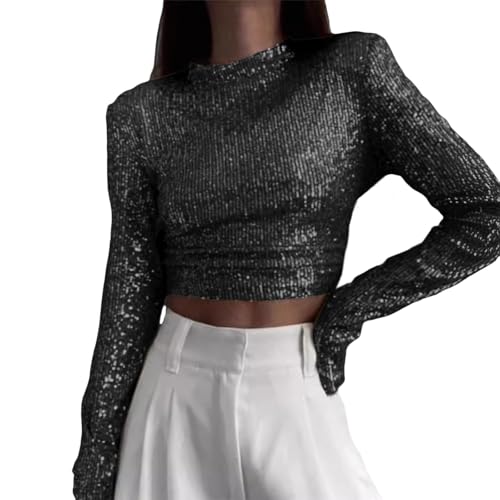 Kussmund Women's Sequin Tops Sparkly Long Sleeve Glitter Evening Concert Shirt Blouse Umstandsmode Oberteil Winter (Black, S) von Generic