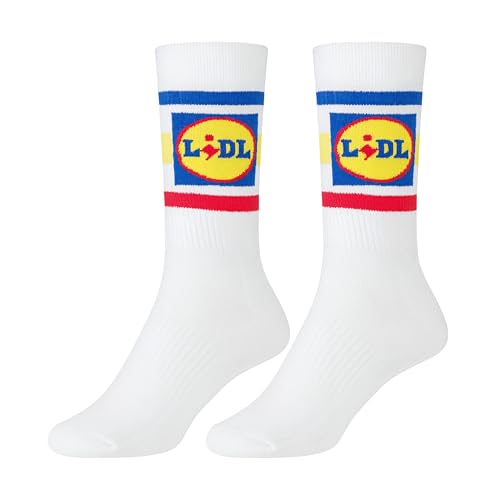 LIDL Socken Limited Edition Weiß Gelb Blau Rot Logo Retro Style Größe 39-42 Unisex Sportsocken Sneakersocken Tennissocken Herren Damen Kult Strümpfe Streetwear Fanartikel Geschenkidee lustige Socken von Generic