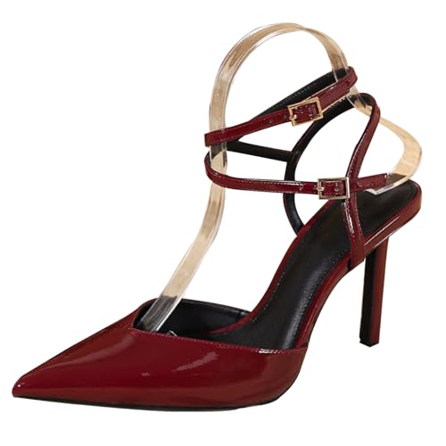Lack-Sandaletten Damen Spitz Zeh Mit Doppeltem Knöchelriemen, 9.5cm Stilettoabsatz, PU-Futter & TPU-Sohle (Schwarz/Burgunder),Burgundy,37 EU von Generic