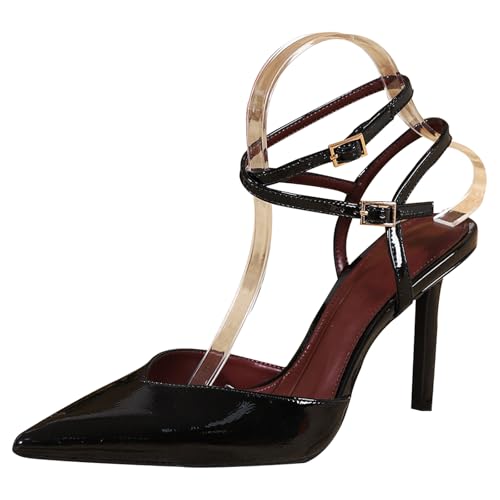 Lack-Sandaletten Damen Spitz Zeh Mit Doppeltem Knöchelriemen, 9.5cm Stilettoabsatz, PU-Futter & TPU-Sohle (Schwarz/Burgunder),Schwarz,41 EU von Generic