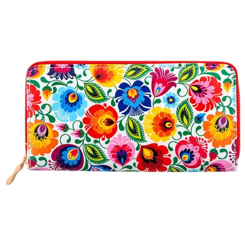 Lackierte Geldbörsen mit Blumenmuster und Polen Folklore-Designs, Reißverschlusstaschen, separate Kartenfächer, verpackt in eleganter Box, schönes Souvenir aus Polen, Owicz Weiß, Large, Florale Polen von Generic