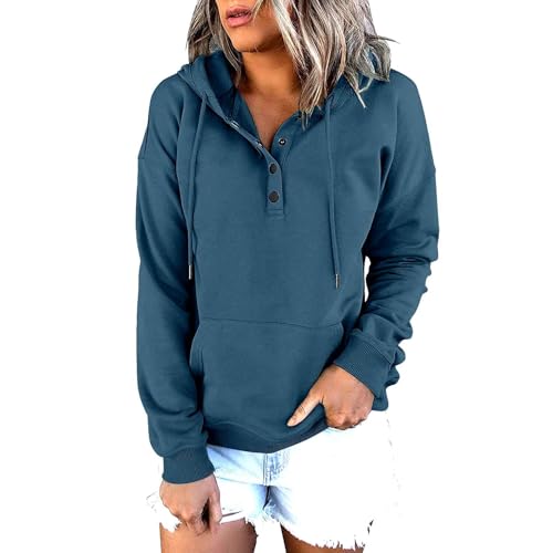 Ladies Plain Hoodies Long Sleeve Tops Button Drawstring Pullover Baggy T Shirts Casual Sweatshirts Basic Tunics Clothes 2024 A-40 von Generic