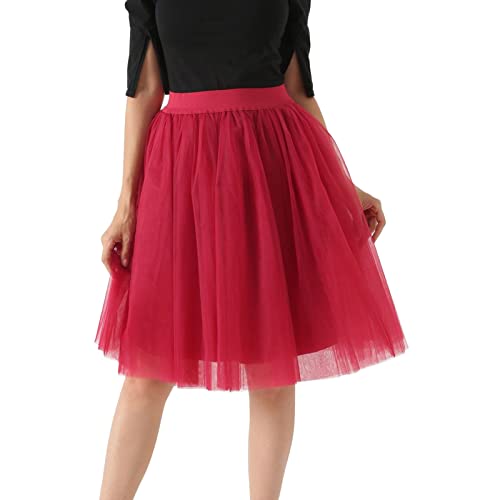 Länge 60cm Frauen Tüllröcke Knielanger Tüllrock Minirock Damen Retro 50er Dehnbaren A-Linie Elegant Prinzessin Kurz Ballet Tanzrock Rockabilly Kleid Underskirt Tanzkleid Petticoat (Wine, XXL) von Generic