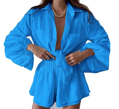 Lässige Damen-Baumwolle, 2-teiliges Outfit Button-Down-Hemden und Shorts, Trainingsanzug-Set passendes Set von Generic