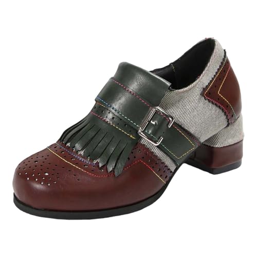 Lässige Damen Stiefeletten mit Fransen Retro Stil quadratischer Absatz Reißverschluss bequeme Wanderschuhe modisches Schuhwerk für Freizeit Urlaub (Coffee, 42) von Generic