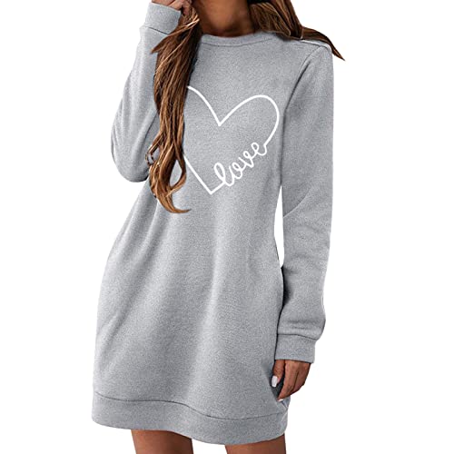 Lässige Kleider für Damen Rundhals-Sweatshirt Langarm Love Shirts Minikleid Valentinstagsgeschenk 2023 Hochzeit Kleid (Grey, S) von Generic