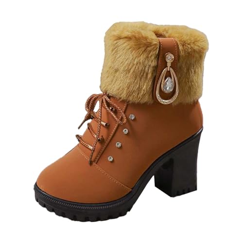 Lässige Stiefeletten für Damen mit Blockabsatz Plateausohle wadenlange Stiefeletten warmes Kunstfellfutter komfortable Alltagschuhe (Brown, 41) von Generic