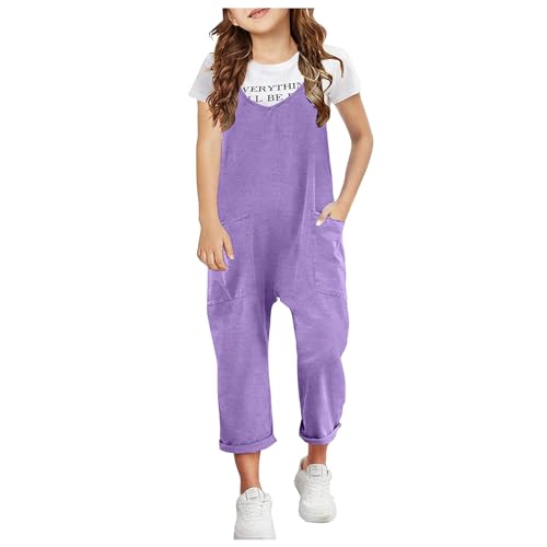 Lässige ärmellose Overalls für Mädchen,Sommer Spaghettiträger Lockere V-Ausschnitt Einfarbig Strampler,Kinder Romper Lange Hosen Kinderoverall mit Tasche (Lila, 6-7 Years) von Generic