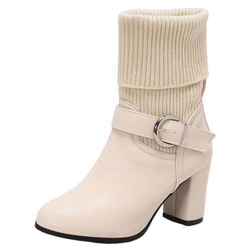 Lässige gestrickte Wollstiefel für Damen mit klobigem Absatz Gürtelschnalle - warme Kurze Stiefeletten große Größen mehrere Ärmel (Beige, 41) von Generic