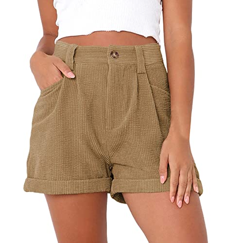 Lässige lose Cord-Shorts, super Damen, Sommerplissiert, Tasche, hohes weiches Bein, breite Taille, Hose für Damen, Strandshorts, Coffee von Generic