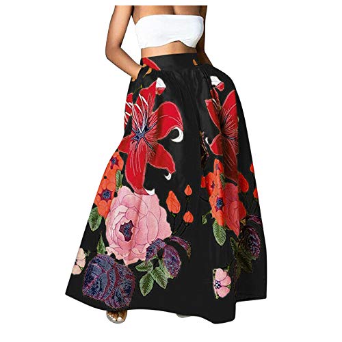 Lässiger Rock für Frauen Blumen in Einer Tasche mit hoher Taille Boheme Maxi-Rock-Party am Strand EIN Langer Rock (Black, XXL) von Generic