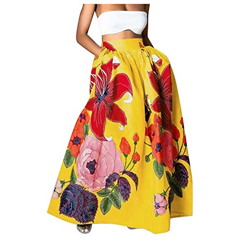 Lässiger Rock für Frauen Blumen in Einer Tasche mit hoher Taille Boheme Maxi-Rock-Party am Strand EIN Langer Rock (Yellow, L) von Generic