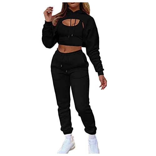 Lässiges 3-teiliges Outfit für Damen, solide Sweatshirts, Bauchfreies Oberteil und Hosen, Hosen, Sets, Trainingsanzüge, schöner und lässiger Anzug Hausanzug Kuschelig von Generic