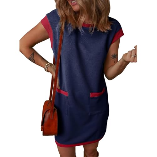 Lässiges Damen-T-Shirt-Kleid mit kurzen Ärmeln und Farbblock-Muster und Taschen, lässiges Sommerkleid mit modischen Flügelärmeln (Blue,M) von Generic