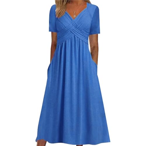 Lässiges Maxikleid mit V-Ausschnitt in Übergröße, lässiges Maxikleid mit überkreuzten, gedrehten V-Ausschnitten vorne und kurzen Ärmeln, Sommerkleid in A-Linie mit Tasche (Blue,S) von Generic