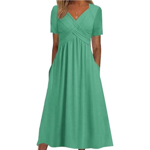 Lässiges Maxikleid mit V-Ausschnitt in Übergröße, lässiges Maxikleid mit überkreuzten, gedrehten V-Ausschnitten vorne und kurzen Ärmeln, Sommerkleid in A-Linie mit Tasche (Green,S) von Generic