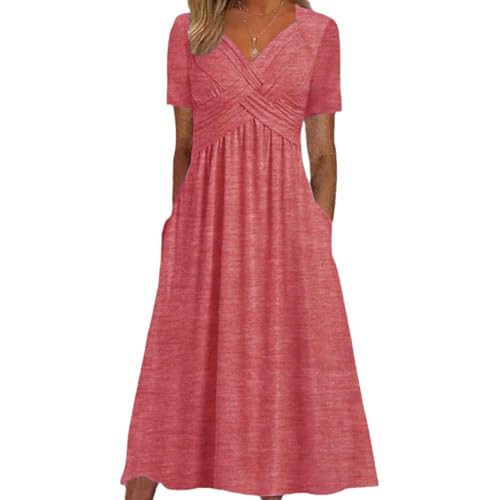 Lässiges Maxikleid mit V-Ausschnitt in Übergröße, lässiges Maxikleid mit überkreuzten, gedrehten V-Ausschnitten vorne und kurzen Ärmeln, Sommerkleid in A-Linie mit Tasche (Pinks,M) von Generic