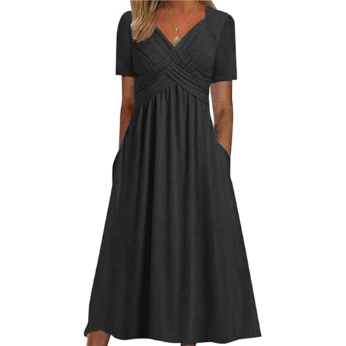Lässiges Maxikleid mit überkreuzter, gedrehter Vorderseite und V-Ausschnitt, kurzärmliges Maxikleid in Übergröße mit V-Ausschnitt, Strandkleider für Damen für Hochzeitsgäste mit Tasche (Black,XXL) von Generic