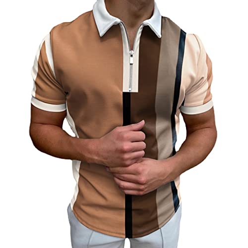 Lässiges Streifen-Poloshirt mit Reißverschluss Kurzarm mit Colorblock-Aufdruck Am Revers Sportlicher Tennis-Pullover Herren Golf Workout T-Shirt (Color : Brown, Size : 3XL) von Generic