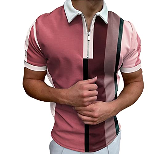 Lässiges Streifen-Poloshirt mit Reißverschluss Kurzarm mit Colorblock-Aufdruck Am Revers Sportlicher Tennis-Pullover Herren Golf Workout T-Shirt (Color : Pink, Size : 3XL) von Generic